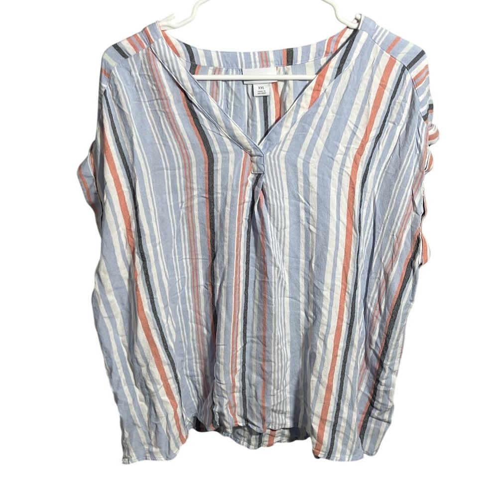Liz Claiborne Women's XXL Striped Rayon V-Neck Blouse Top Blue Orange Black